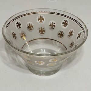 Vintage Fleur-de-Lis Frosted Glass Serving Bowl Gold Trim Mid Century Modern MCM